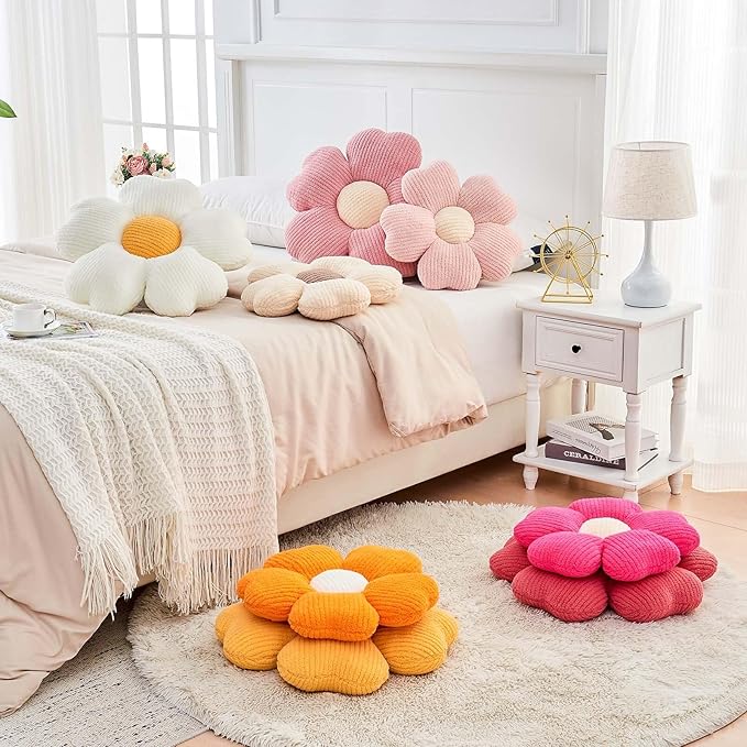 Flower Throw Pillow, Cute Flower Shaped Pillow Decorative Throw Pillow for Bed Couch, Soft Daisy Pillows Floor Seating Cushion Cushions (19.6 Inch Pink)