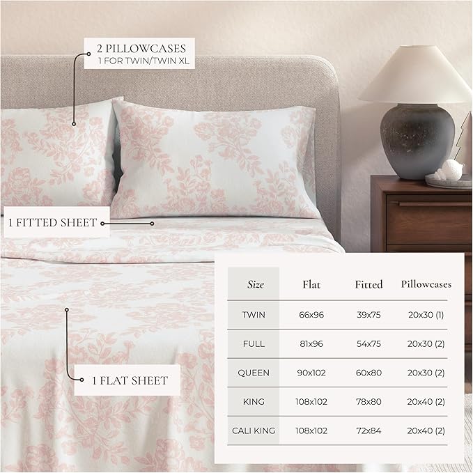 Great Bay Home Flannel Sheet Set Twin Size - 100% Turkish Cotton, Double-Brushed, Winter Floral Bed Sheets - Ultra-Soft, Cozy, 3-Piece Bedding Set (Toile - Blush Pink)