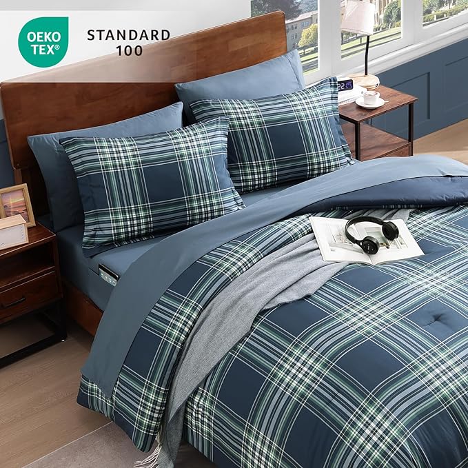 Plaid Queen Comforter Set, Midnight Blue Bedding Set 7 Pieces for Boys Girls Teen, Classic Farmhouse Bed in a Bag with Sheets, Pillowcases & Shams