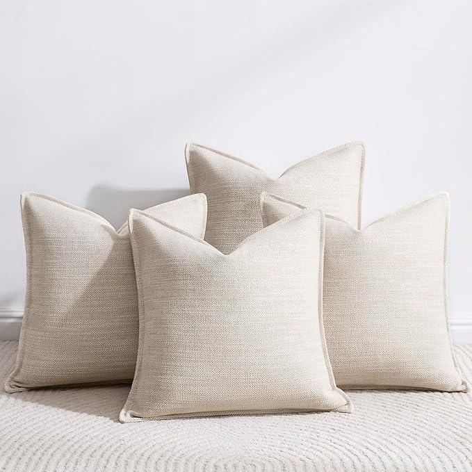 Meekio Set of 4 Linen Beige Pillow Covers 18x18, Linen Look Throw Pillow Covers with Flange Edge for Sofa Couch Living Décor