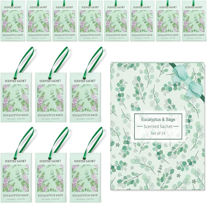 SCENTORINI Sachets for Drawers and Closets, Eucalyptus Sage Sachets Bags, Pack of 14, Home Fragrance Sachet for Wardrobe, Closet, Drawer