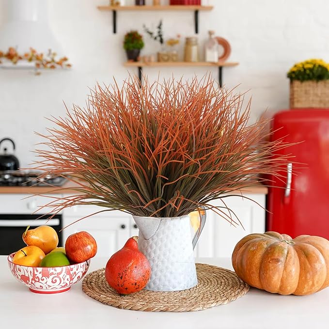 Artificial Fall Plants for Outdoors,Fake Grass Plant,Fall Leaf Stems,UV Resistant Greenery Fake Bushes Artificial Shrubs Wheat Grass Greenery Burnt Orange Plant Filler for Autumn House (Orange)