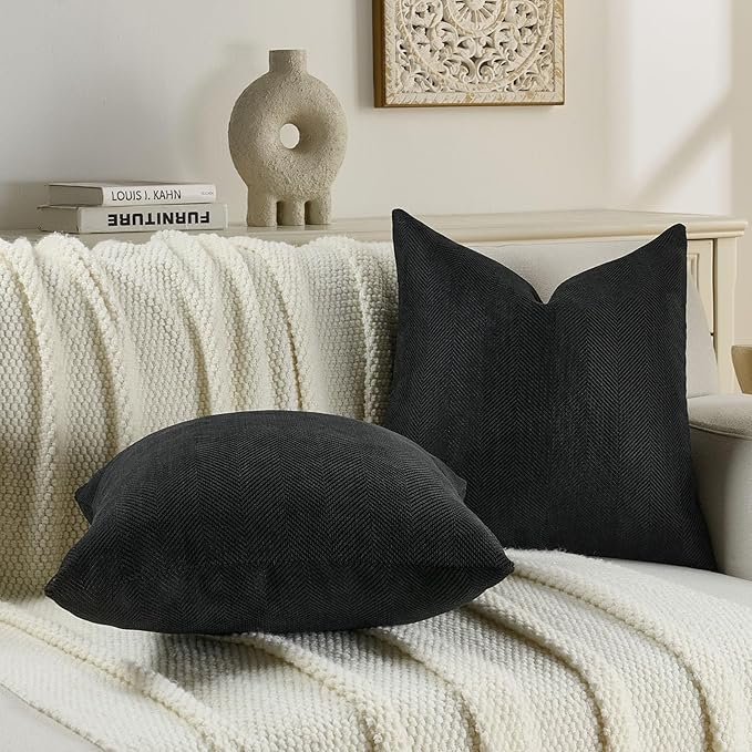 FUTEI Black Chenille Throw Pillow Covers 12x20 Inch Set of 2,Soft Wide Chevron Textured Lumbar Pillow Cases,Farmhouse Home Decor for Couch Living Room