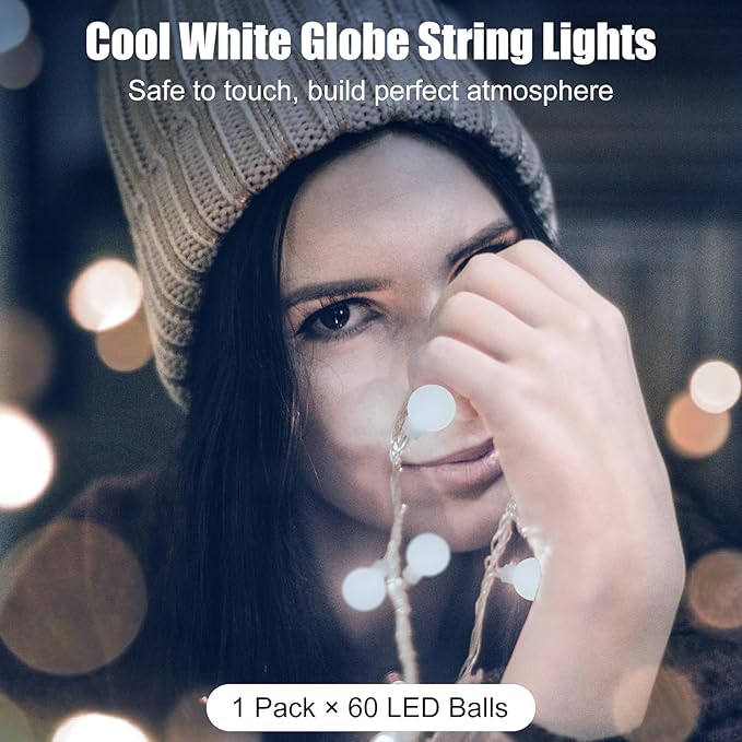 2 Pack Globe String Lights Battery Operated - 21 Feet 60 Led Fairy Lights, 8 Modes with Remote Mini Globe Lights for Indoor Outdoor Bedroom Party Wedding Garden Christmas Tree Decor, Pure White