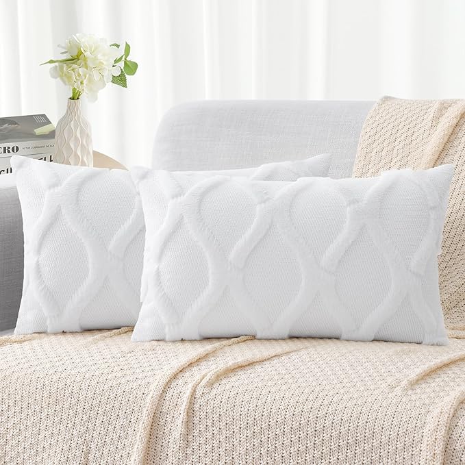 decorUhome Throw Pillow Covers 12x20 Inch Set of 2, Soft Plush Faux Fur Wool Lumbar Pure White Couch Pillow Covers, Decorative Neutral Pillow Cases for Bed Sofa Living Room Home Decor