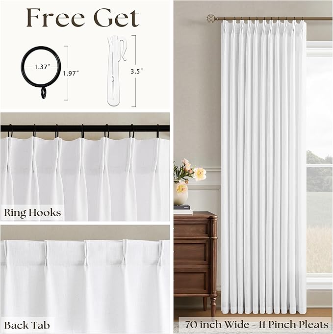 Pinch Pleat Linen Curtains 108 Inches Long 70 Inch Wide for Patio Sliding Door Light Filtering Semi Sheer Pleated Drapes Back Tab White Farmhouse Extra Wide 70 x 108 Curtain for Living Dining Room