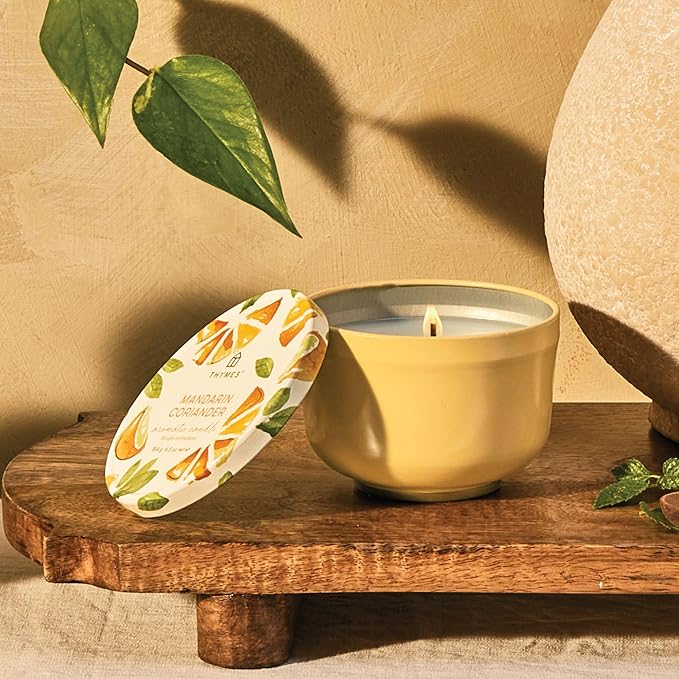 Thymes Scented Candles for Women & Men – Tin with Lid – Luxury Home Decor – Citrus Candle with Notes of Mandarin Oil, Coriander, Grapefruit, Lemon Balm & Green Ivy (Mandarin Coriander, 6.5 oz)