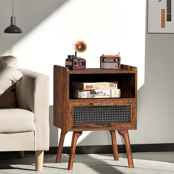 Lerliuo Rattan Nightstands Set of 2, Boho Side Table with Drawer Open Shelf, Cane Accent Bedside End Table with Solid Wood Legs for Bedroom, Dorm and Small Spaces (Brown)