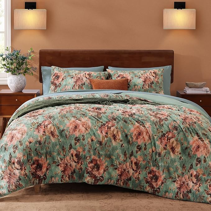 CASAAGUSTO Full Comforter Set, 7 PCS Sage & Red Floral Comforter Set with Flowers Leaves Pattern, Soft Velvet Design for Winter Full Size Bedding Set(80"X90")