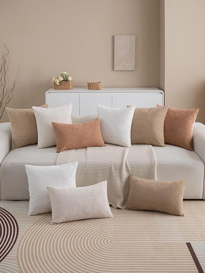 2 Packs Decorative Neutral Beige Textured Chenille Throw Pillow Covers 18x18 Inch Solid Farmhouse Boucle Couch Pillows, Modern Soft Velvet Pillowcase Cushion Covers for Living Room Home Decor