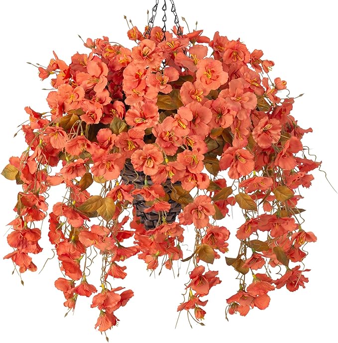 Artificial Fake Fall Hanging Flowers Plants Baskets, 5Pcs Faux Silk Hibiscus Long Vines Outdoor Plants in Planter UV Resistant Realistic Flower for Outside Home Porch Patio Garden (Fall Orange)