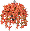 Artificial Fake Fall Hanging Flowers Plants Baskets, 5Pcs Faux Silk Hibiscus Long Vines Outdoor Plants in Planter UV Resistant Realistic Flower for Outside Home Porch Patio Garden (Fall Orange)