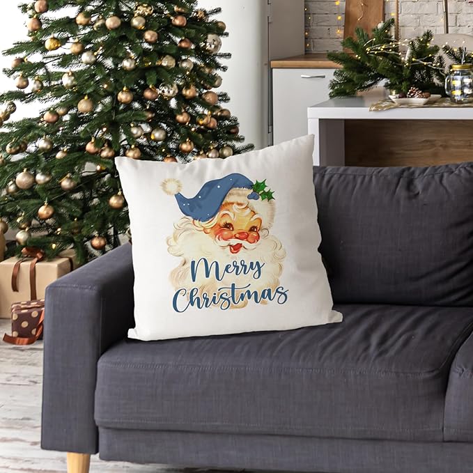 DOTAIN Christmas Pillow Covers,Blue Merry Christmas Pillow Covers 18x18,Vintage Santa Decor,Blue Christmas Decorations Decor,Vintage Christmas Santa Pillow Covers,Blue Vintage Christmas Decorations