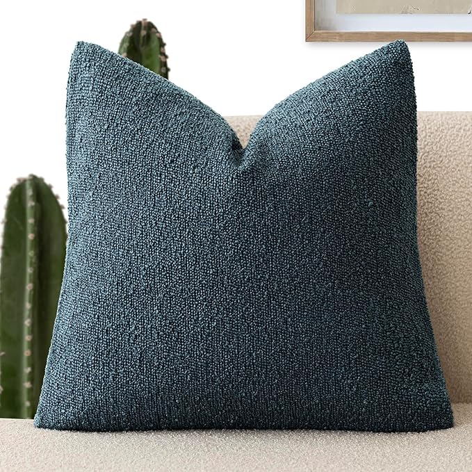 Foindtower Decorative Textured Boucle Throw Pillow Covers Accent Solid Pillow Cases Neutral Soft Cozy Couch Cushion Case for Chair Sofa Bedroom Living Room Home Decor 18x18 Inch,1PC,Dark Blue