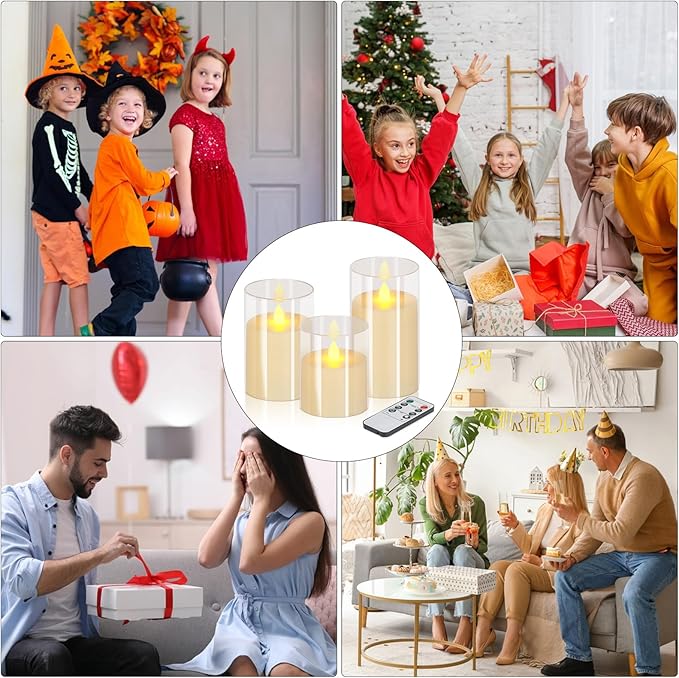 Flameless Candles 4" 5" 6" Acrylic Glass Pillars 3" Diameter Battery Operated Flickering Candles Include Remote with 24Hour Timer Function 400+ Hours by 2 AA Batteries (Pure White, Warm Light 6 Pack)