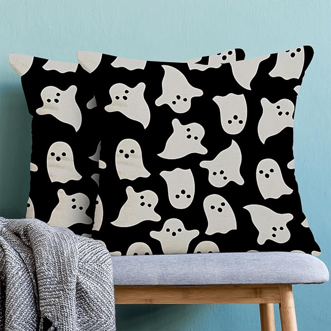 Halloween Pillow Covers 16 x 16 Inch, Black and Cream Ghost Decor Throw Pillows for Couch Bed, Halloween Outdoor Farmhouse Decorative Pillowcase Linen Cushion Cover Set of 2