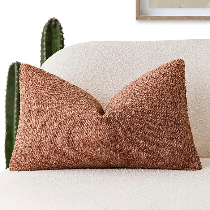 Foindtower Decorative Textured Boucle Throw Pillow Covers Accent Solid Lumbar Pillow Cases Soft Cozy Couch Cushion Case for Chair Sofa Bedroom Living Room Home Decor 12x20 Inch,1PC,Burnt Orange Hazel