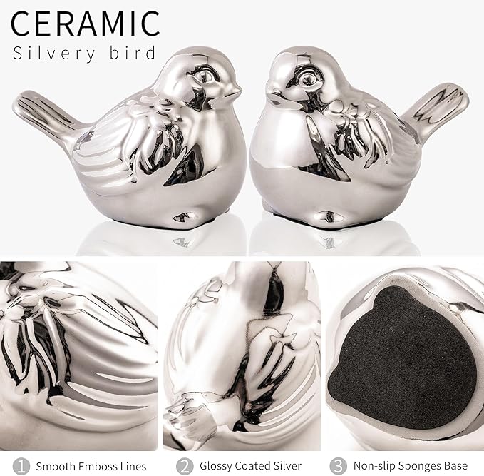 Set of 2 Small Birds Statues Silver Home Decor Modern Boho Style Figurine Decorative Ornaments for Living Room, Bedroom, Office Desktop, Cabinets, Shelf