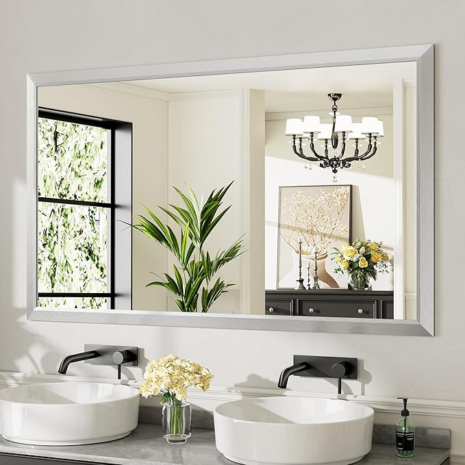 60x36 Inch Brushed Nickel Bathroom Mirror for Wall, Thick Metal Framed Rectangle Mirrors for Over Sink, Bedroom, Living Room, Entryway, Anti-Rust, HD Tempered Glass