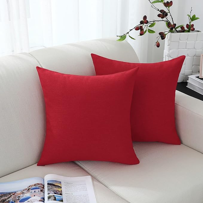 Jeneoo Decorative Christmas Red Throw Pillow Covers Rustic Farmhouse Square Linen Burlap Soft Comfy Solid Cushion Couch Cases for Sofa Living Room (Set of 2, 20 x 20 Inches)