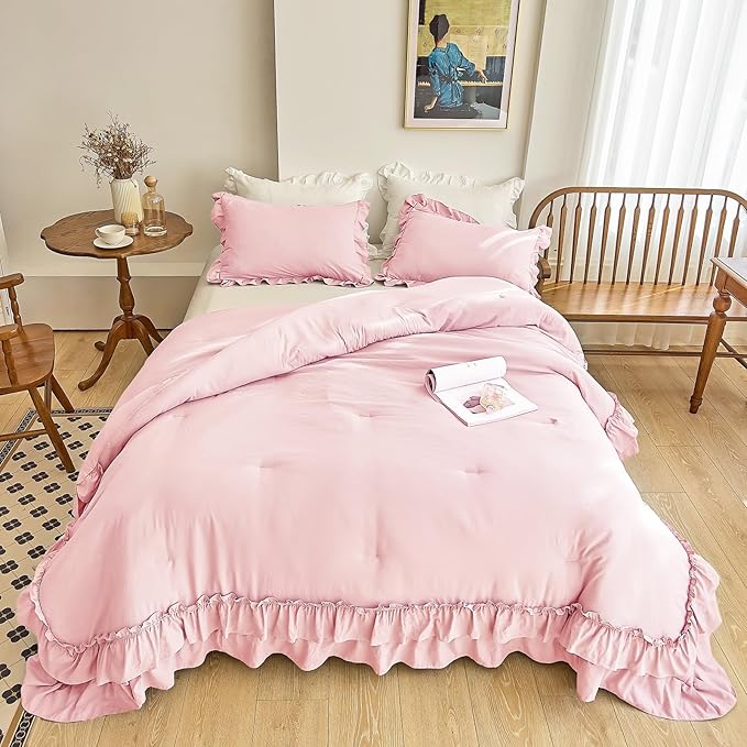 AIKASY Peach Pink Ruffle Comforter King, 3 Pieces Vintage Ruffle Fringe Comforter, Farmhouse Rustic Microfiber Down Alternative Bedding Comforter Set (1 Comforter + 2 Pillow Shams)