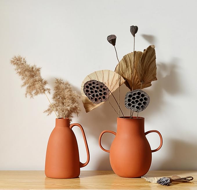 Terracotta Vases Sets of 2,8inch Decorative Ceramic Vases,Rustic Farmhouse Handle Flower Vase,Clay Decorative Vases for Living Room,Table,Shelf