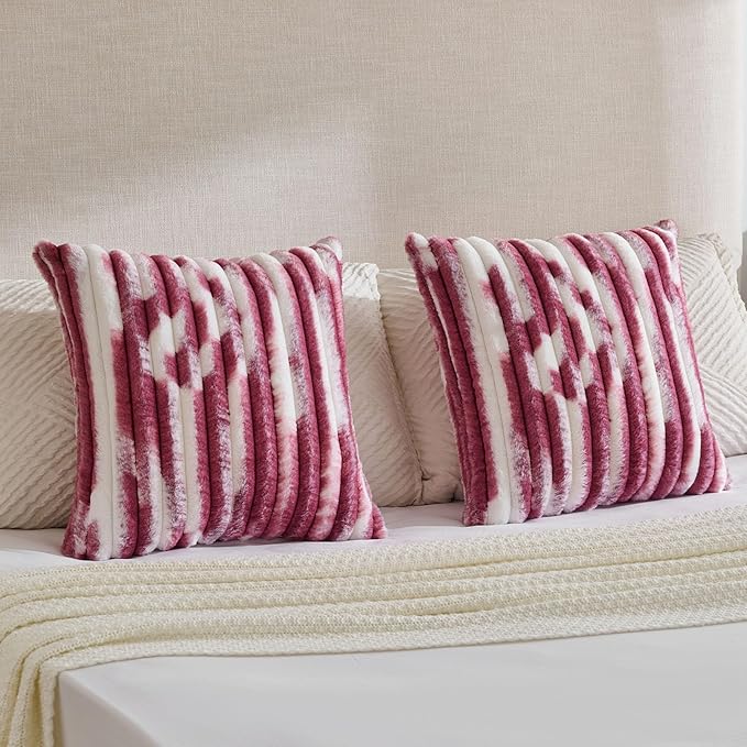 FUTEI Burgundy Decorative Throw Pillow Covers 18x18 Inch Set of 2, Soft Tie-Dye Faux Rabbit Fur Striped Texture Cushion Case, Modern Home Decor for Couch Bed Living Room