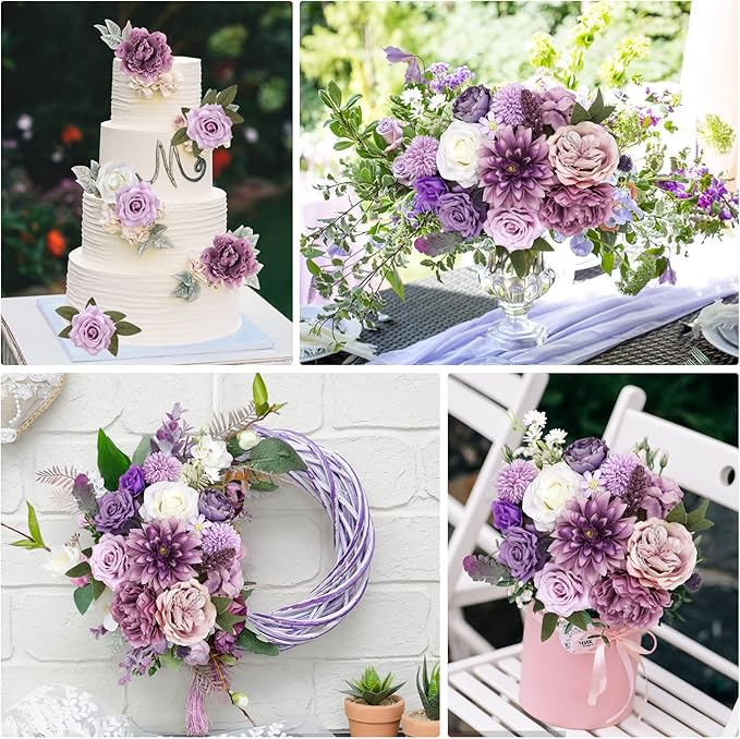 AmyHomie Artificial Purple Flowers Combo Silk Mix Peony Rose Hydrangea Fake Flowers w/Stem for DIY Wedding Bouquets Centerpieces Arrangements Table Party Bridal Baby Shower Home Fall Decor