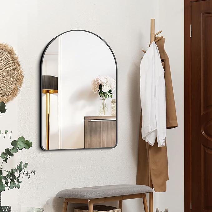 FORBATH Arched Bathroom Mirror 24x36 Inch,Bathroom Mirror Wall Mounted Modern Black Aluminum Alloy Frame Decor Dresser Mirror for Bedroom Living Room Entryway, Hanging or Leaning Against Wall
