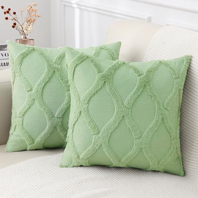 decorUhome Throw Pillow Covers 16x16 Inch Set of 2, Soft Plush Faux Fur Wool Sage Green Couch Pillow Covers, Decorative Neutral Pillow Cases for Bed Sofa Living Room Home Decor