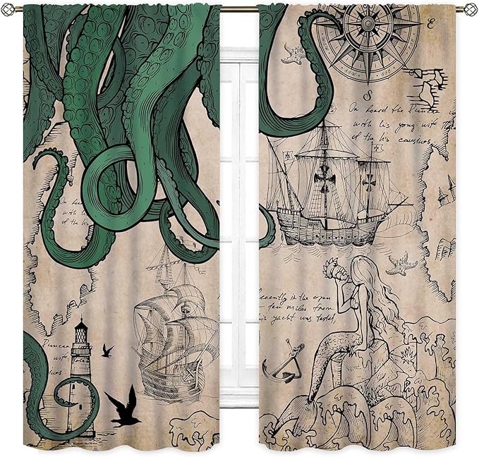 Nautical Octopus Curtains, Coastal Old Pirate Map Sailboat Compass Vintage Magic Ocean Kraken Octopus Tentacles Window Drapery Treatment for Bedroom Living Room Kitchen Bathroom 2 Panels, 63"x63" Inch