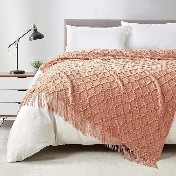 BOURINA Orange Throw Blanket 50 x70 Inches Jacquard Argyle Throw Textured Solid Soft Throws and Blankets for Sofa or Bed Knitted Decorative Blanket