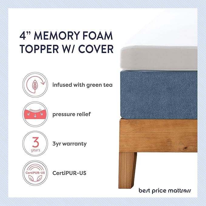 Mellow 4 Inch Memory Foam Mattress Topper with Cover, Calming Green Tea Infusion, Short Queen