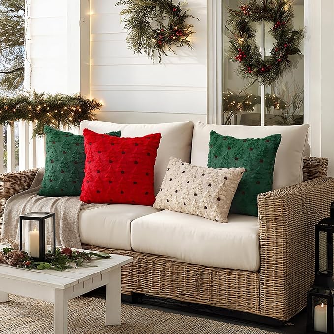 MIULEE Christmas Tree Decorative Pillow Covers Faux Fur Wool Throw Pillows Soft Plush Cushion Covers Set of 2 Xmas Home Decor Winter Holiday for Sofa Couch Livingroom Bed 12x20 Inch Dark Green