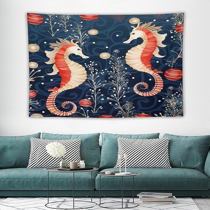 Seahorse Christmas Kiss Beach Tapestry As Wall Art Coastal Nautical Bedroom Tapestries Landscape Tapestry Wall Hanging for Bedroom Living Room Dorm Decor 40"x60" Christmas Family Party