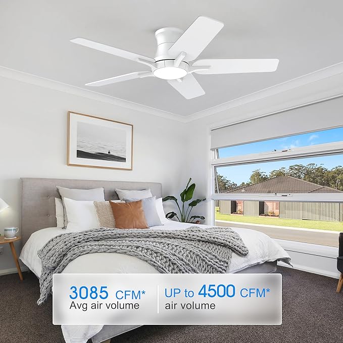 42 Inch White Ceiling Fans with Lights and Remote, Flush Mount Low Profile Ceiling Fan for Bedroom, Living Room, Patio, Dimmable 6 Speeds Noiseless Reversible, ETL Listed