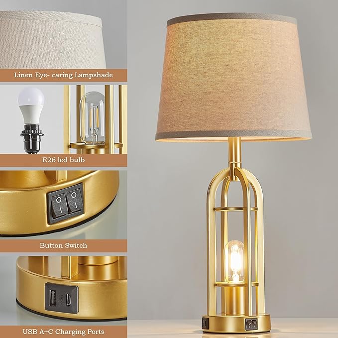 Gold Table Lamps for Living Room Set of 2 - Modern Farmhouse Bedside Lamps for Bedroom Night Stands with Nightlight and USB A+C, Industrial Lamp for Living Room End Tables