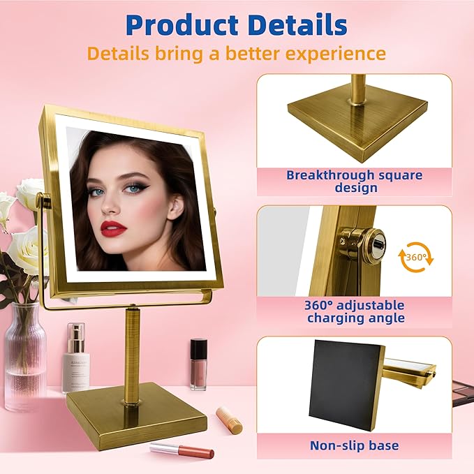 RUACQ Rechargeable Makeup Mirror, 4000mAh Lighted Makeup Mirror with Magnification 1X/10X, Height Adjustable vanity mirror with lights, 3 Color light, Adjustable Brightness,360°Rotation(Antique Brass)