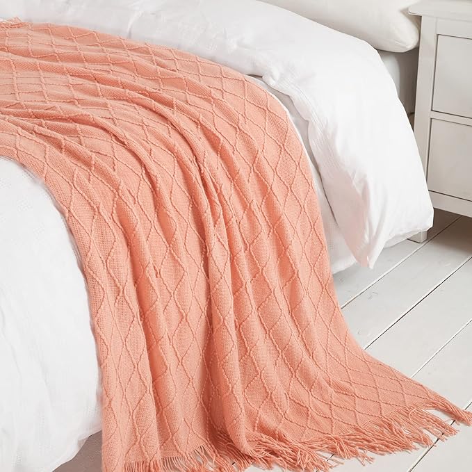 BOURINA Orange Throw Blanket 50x60 Inches Throw Textured Solid Soft Sofa Couch Decorative Knit Blanket