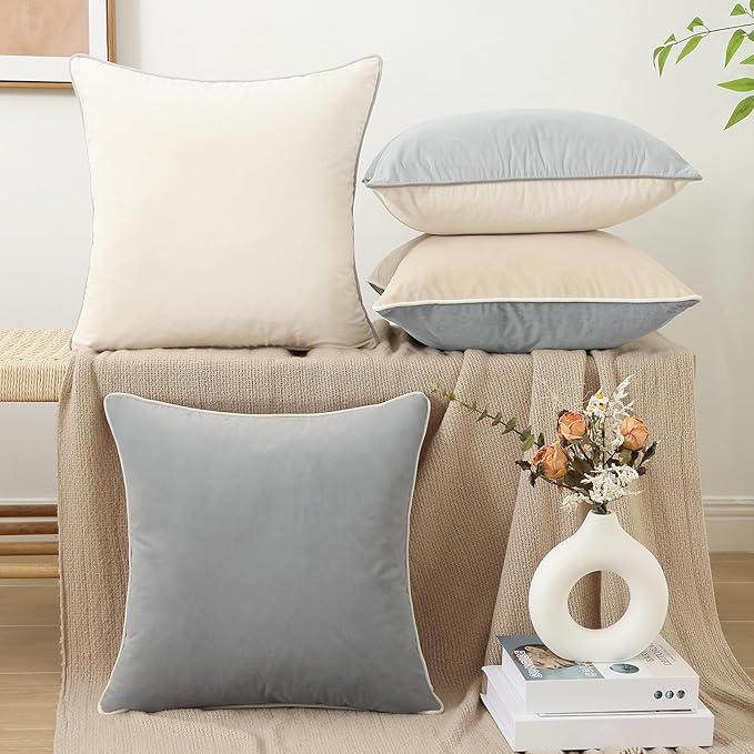 Mecatny Set of 4 Velvet Throw Pillow Covers 20x20, Soft Neutral Accent Decorative Couch Pillow Covers for Sofa Bedroom Living Room, Grey/Beige
