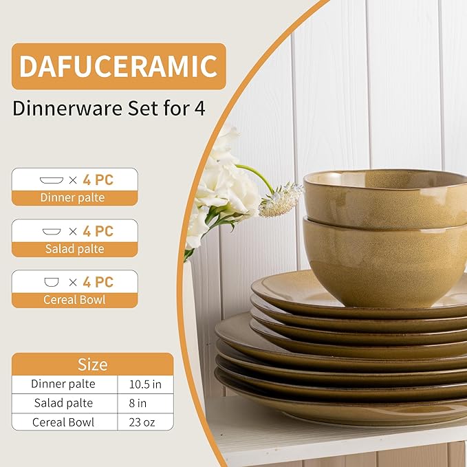 Plates and Bowls Sets, 12 Pieces Modern Stoneware Dinnerware Set for 4 Kitchen Dinner Set Ceramic Dishware Dishes Set Microwave and Dishwasher Safe (Maize Yellow)