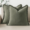 Woaboy Decorative Linen Fringe Throw Pillow Covers Boho Farmhouse Soft Accent Pillows with Tassels Christmas Home Decor for Livingroom Couch Sofa Bed,22x22 Inch Set of 2,Light Olive Green