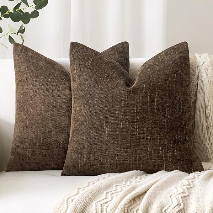 Woaboy Set of 2 Textured Throw Pillow Covers Decorative Soft Accent Square Chenille Pillowcases Neutral Farmhouse Modern Home Decor for Couch Sofa Bedroom Living Room 20x20 Inch,Brown Chocolate