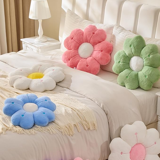 Flower Throw Pillow, Cute Daisy Cherry Blossom Flower Shaped Green Throw Pillow 15.7In Green Floor Cushion for Home Bedroom Sofa Chair Couch Decor