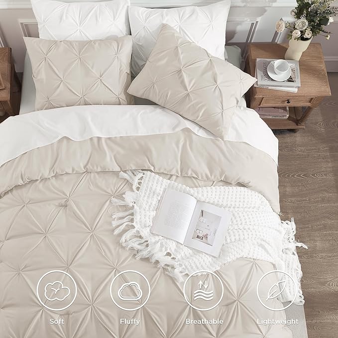 Andency Beige Comforter Set Twin(66x90Inch), 2 Pieces Comforter for Girls Kids, Soft Microfiber Pinch Pleat Comforter Set, All Season Lightweight Bedding Set