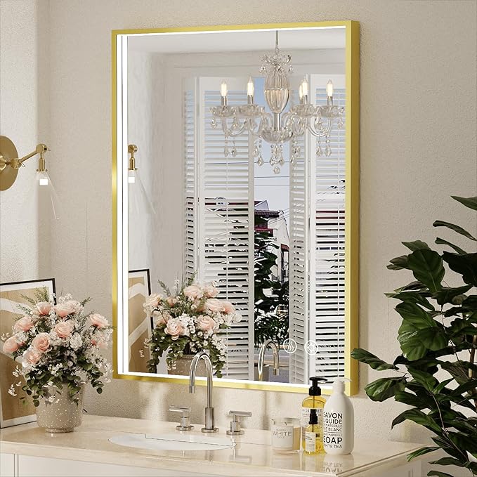 24x36 Inch LED Bathroom Mirror with Lights,Wall Mounted Lighted Mirrors with Non-Rusting Gold Metal Frame Anti-Fog Memory Funtion Stepless Dimmable, CRI90+,Waterproof