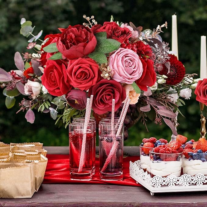 AmyHomie Red Artificial Flowers Combo Silk Mix Peony Rose Fake Flowers w/Stem for Valentine's Day DIY Wedding Bouquets Centerpieces Table Fall Decor Party Bridal Baby Shower Home Decorations