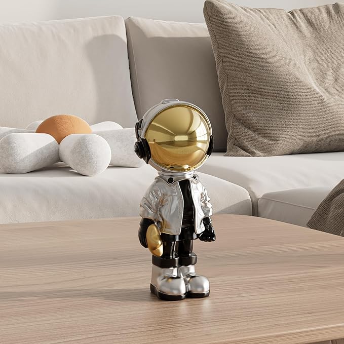 Small Figurine Statue Astronaut Sculpture Decor,Sculpture for Home Decor,Arts Silver Shelf Decoration,Cool Metal Mask Table Decor,Mini Ornament