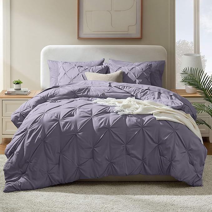 Nestl Queen Comforter Set - 7 Piece Pinch Pleated Comforter Queen Size Grayish Purple, All Season Bed in a Bag with Flat Sheet, Fitted Sheet, Pillowcases and Shams