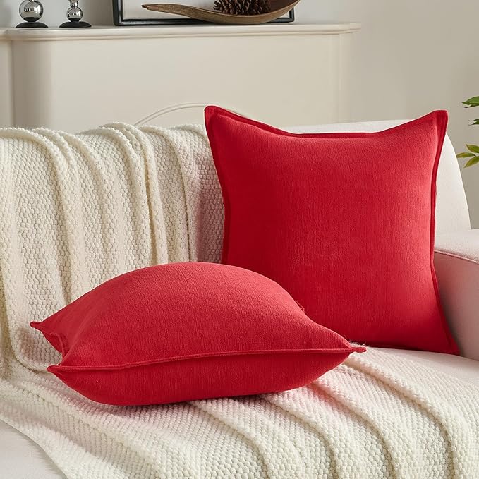 FUTEI Red Chenille Throw Pillow Covers 26x26 Inch Set of 2,Edges Double-Stitched Euro Pillow Shams,Modern Home Decor for Couch Living Room